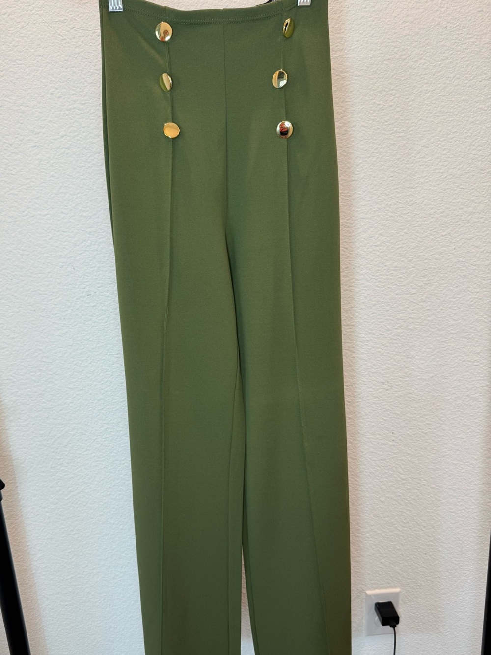 Valentine Olive Green High Waist Sailor Button Wide Leg Pants Trousers Women’s